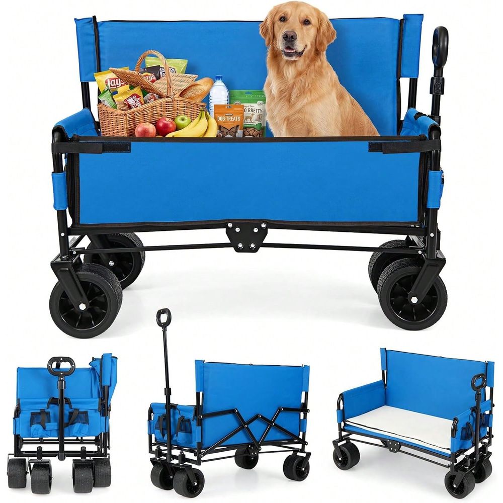 Pull Cart Fold - Wagen-Sitzkombination, zusammenklappbarer Strandwagen mit verstellbarem Schiebe-Zieh-Griff,